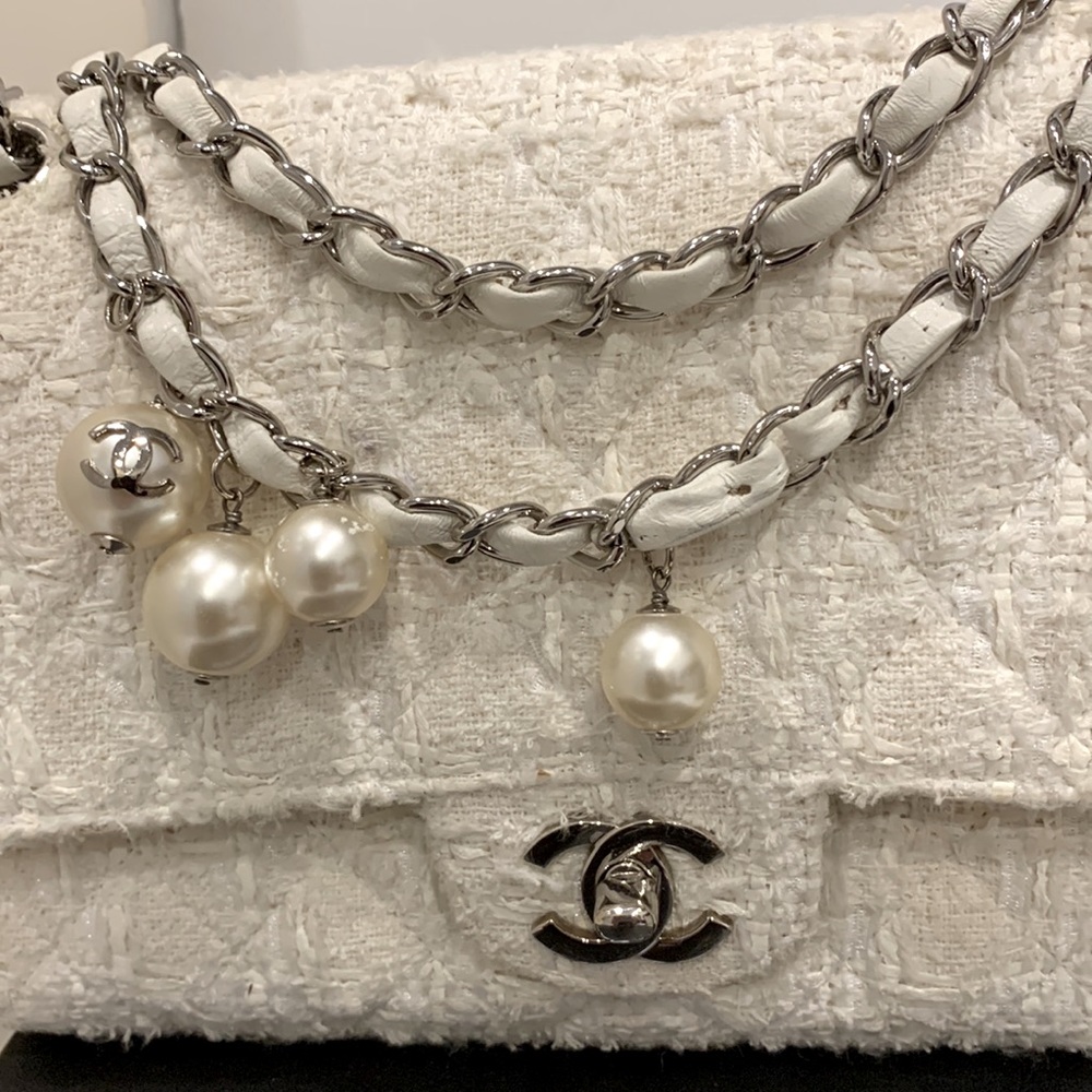 CHANEL 🤍RARE Ginza Double Flap 2.55 Ivory Tweed Boucle Rectangle Quilted Silver